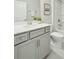 A bathroom featuring a modern vanity with brushed nickel fixtures, framed artwork, and a combined shower-tub at 4045 Oxeye Loop, Johns Island, SC 29455