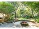 Lush backyard featuring a cozy fire pit surrounded by mature trees and greenery at 405 Springfield Rd, Mount Pleasant, SC 29464