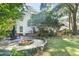 Inviting backyard with a stone patio, fire pit, outdoor dining area, and lush landscaping at 405 Springfield Rd, Mount Pleasant, SC 29464