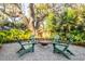Relaxing backyard with fire pit and Adirondack chairs under a large, mature tree, perfect for entertaining at 118 Freeman St, Mount Pleasant, SC 29464