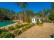 Charming backyard view of a small house near a pond, surrounded by lush greenery at 225 Camber Rd, Huger, SC 29450