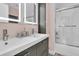 Modern bathroom features double sinks with decorative hardware, and a glass-enclosed shower and tub at 225 Waning Way, Charleston, SC 29492