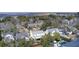 An elevated view of a neighborhood showcasing diverse homes and mature trees near a body of water at 229 Gordon St, Charleston, SC 29403
