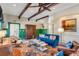 Comfortable living room with colorful rug, wood beams, blue couch, and unique decor at 54 Gibbes St, Charleston, SC 29401
