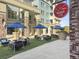 Inviting patio area with lounge seating under blue umbrellas, conveniently located near Hudson's Market at 5802 Palmetto Dr # B-202, Isle of Palms, SC 29451