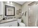 Well-lit bathroom featuring a granite countertop vanity, textured wallpaper, and a glass enclosed shower at 15 Back Ct, Isle of Palms, SC 29451