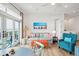 Living area featuring shiplap walls, stylish decor, comfortable sofa, and ocean view at 220 W Arctic Ave, Folly Beach, SC 29439