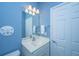 Bathroom with a white sink and vanity in blue interior design with a mirror above the vanity and a white door at 106 Sea Lavender Ln, Summerville, SC 29486