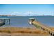 Picturesque waterfront vista showcasing a charming dock and gazebo, with the city skyline and bridge in the distance at 939 White Point Blvd, Charleston, SC 29412