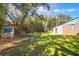 Expansive backyard with mature trees, a storage shed, and privacy fencing, providing ample space for recreation at 1117 Oceanview Rd, Charleston, SC 29412