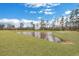 Scenic backyard featuring a tranquil pond surrounded by lush green grass and mature trees at 231 Hayworth Rd, Summerville, SC 29486
