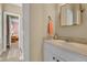 Bathroom featuring white vanity, tan countertop, decorative mirror, and orange towel at 3232 Pignatelli Cres, Mount Pleasant, SC 29466