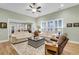Bright living room featuring hardwood floors, neutral paint, ceiling fan, and plantation shutters at 2012 Barn Swallow Rd, Summerville, SC 29483