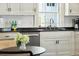 Close-up of a bright kitchen featuring a stainless steel dishwasher, sink, and black countertops at 51 Gadsden St # B, Charleston, SC 29401