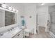 Modern bathroom features white vanity, framed mirror, and accessible shower with stylish tile at 60 Fenwick Hall Allee # 314, Johns Island, SC 29455