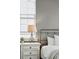 Close-up of the bedside table with lamp and plant in the gray-walled bedroom at 643 Blueway Ave, Summerville, SC 29486
