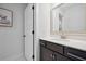 Powder room featuring a white counter, dark cabinetry, and a view into another room through the mirror at 1114 Donerail Ln, Johns Island, SC 29455