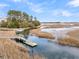 Breathtaking aerial view showcasing the dock, marshland, and the serene waterfront setting of the property at 12 Trachelle Ln, Charleston, SC 29407