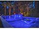 Backyard pool with hot tub, stone trim, waterfalls, gas fire bowls, and lounge chairs is surrounded by lush trees at night at 4312 Club Course Dr, North Charleston, SC 29420