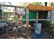 Outdoor chicken coop with metal trash can and visible chickens in the backyard at 5273 Potomac St, North Charleston, SC 29405