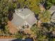 Aerial view showcasing the home's roofline with a private deck surrounded by lush trees at 601 Magnolia Ln, Edisto Island, SC 29438