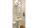 A compact bathroom featuring a pedestal sink, round mirror, and neutral decor at 1204 Dingle Rd, Mount Pleasant, SC 29466