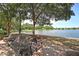 Picturesque lake view with benches, lush trees, and a paved pathway at Smythe Lake at 1625 Oak Leaf St, Daniel Island, SC 29492