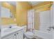 Full bathroom with a single sink, toilet, and tub/shower combo with a flamingo curtain at 1677 French Santee Rd, Jamestown, SC 29453