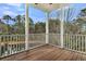 A serene covered porch with a wooden floor and scenic views of the surrounding trees and lake at 2032 Amenity Park Dr, Mount Pleasant, SC 29466