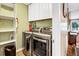 Laundry area equipped with shelving and stainless steel washer and dryer set at 3323 Myrtle St, Edisto Island, SC 29438