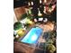 Backyard pool illuminated at night with patio seating, lush landscaping, and brickwork at 5 Alexander St, Charleston, SC 29401