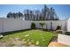 Fenced backyard with patchy lawn, palm trees, and eclectic decor elements under a clear blue sky at 509 Nadir Ct, Summerville, SC 29486