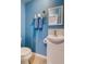 A charming powder room featuring blue walls, a white vanity with a mosaic backsplash, and stylish fixtures at 960 Mooring Dr, Charleston, SC 29412