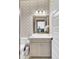 Stylish powder room with patterned wallpaper, vanity with storage, and elegant lighting fixtures at 201 Symphony Ave, Summerville, SC 29486