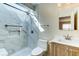Updated bathroom with a skylight, tiled shower, and modern vanity, offering a spa-like experience at 501 Hedge Way, Summerville, SC 29486