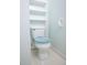 Updated white toilet with modern shelf for storage and blue plush seat cover at 16 Baldwin Ln, Green Pond, SC 29446
