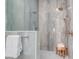 Elegant walk-in shower with marble tile, a rain shower head, and bench at 1714 Middle St, Sullivans Island, SC 29482