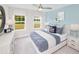 Stylish bedroom with blue accent wall, white furniture, and a view of the green outdoors at 743 Meadowbrook Ln, Summerville, SC 29486