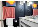 Black and white bathroom has a modern vanity with granite countertop and silver fixtures at 103 Sprucewood Dr, Summerville, SC 29485