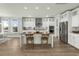 Modern kitchen island with seating, stainless steel appliances, and stylish white cabinetry, perfect for entertaining at 282 Great Lawn Dr, Summerville, SC 29486