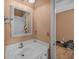 Cozy peach-toned bathroom features a white vanity, a decorative mirror, and access to a bonus room, blending style and functionality at 9394 Harroway Rd, Summerville, SC 29485