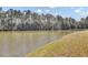 Still waters of the pond, framed by towering trees and a grassy bank on a sunny day at 1032 Black Rush Cir, Mount Pleasant, SC 29466