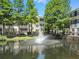 Beautiful pond view with a fountain surrounded by trees and townhomes in a well-maintained community at 1411 Telfair Way, Charleston, SC 29412