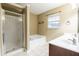 Bright bathroom with a stand up shower, soaking tub, and double sink vanity at 173 Cypress Forest Dr, Moncks Corner, SC 29461