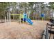 Community playground featuring colorful slides, climbing structures, and a safety-conscious wood chip ground cover within fenced area at 173 Cypress Forest Dr, Moncks Corner, SC 29461