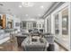 Open-concept living room with neutral walls, recessed lighting, stylish gray couches, and a view to the backyard at 4202 Links Ct, North Charleston, SC 29420