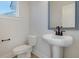 Modern powder room featuring a pedestal sink, black faucet, and a matching mirror. Wood grain floor at 715 Rumbling Leaf Ln, Summerville, SC 29486