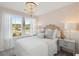 Charming bedroom featuring pastel wallpaper, stylish chandelier, and well-lit windows at 5569 Ruby Falls Drive Ln, North Charleston, SC 29420