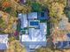 An aerial view of a modern home features a pool, basketball court and beautiful surrounding trees at 299 Bampfield Dr, Mount Pleasant, SC 29464