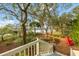 Beautiful backyard featuring mature trees, vibrant greenery, and waterfront views from the top of a staircase at 3034 Maritime Forest Dr, Johns Island, SC 29455
